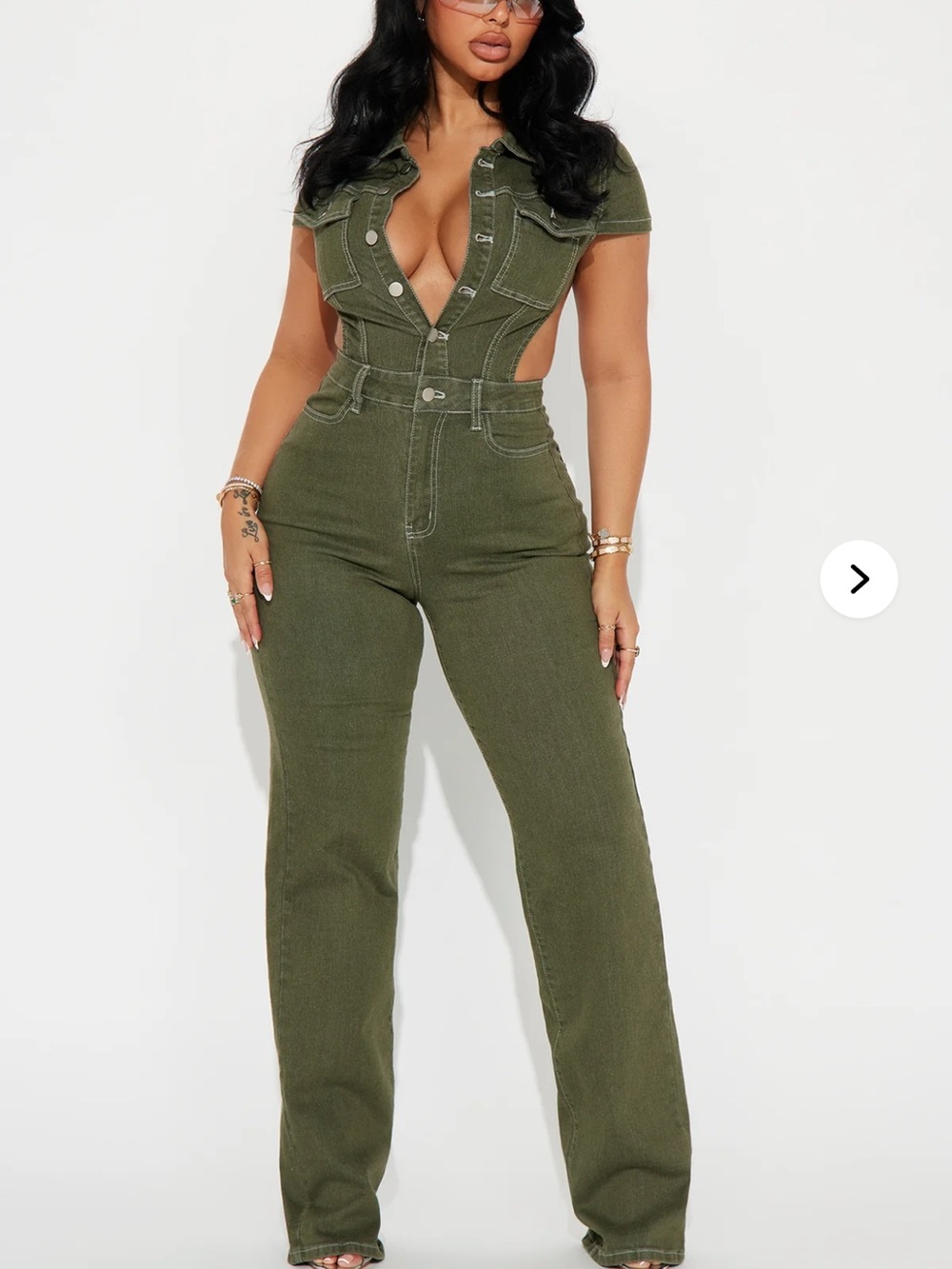 Fashion Nova Olive Green Short Sleeve Cutout Denim Jumpsuit